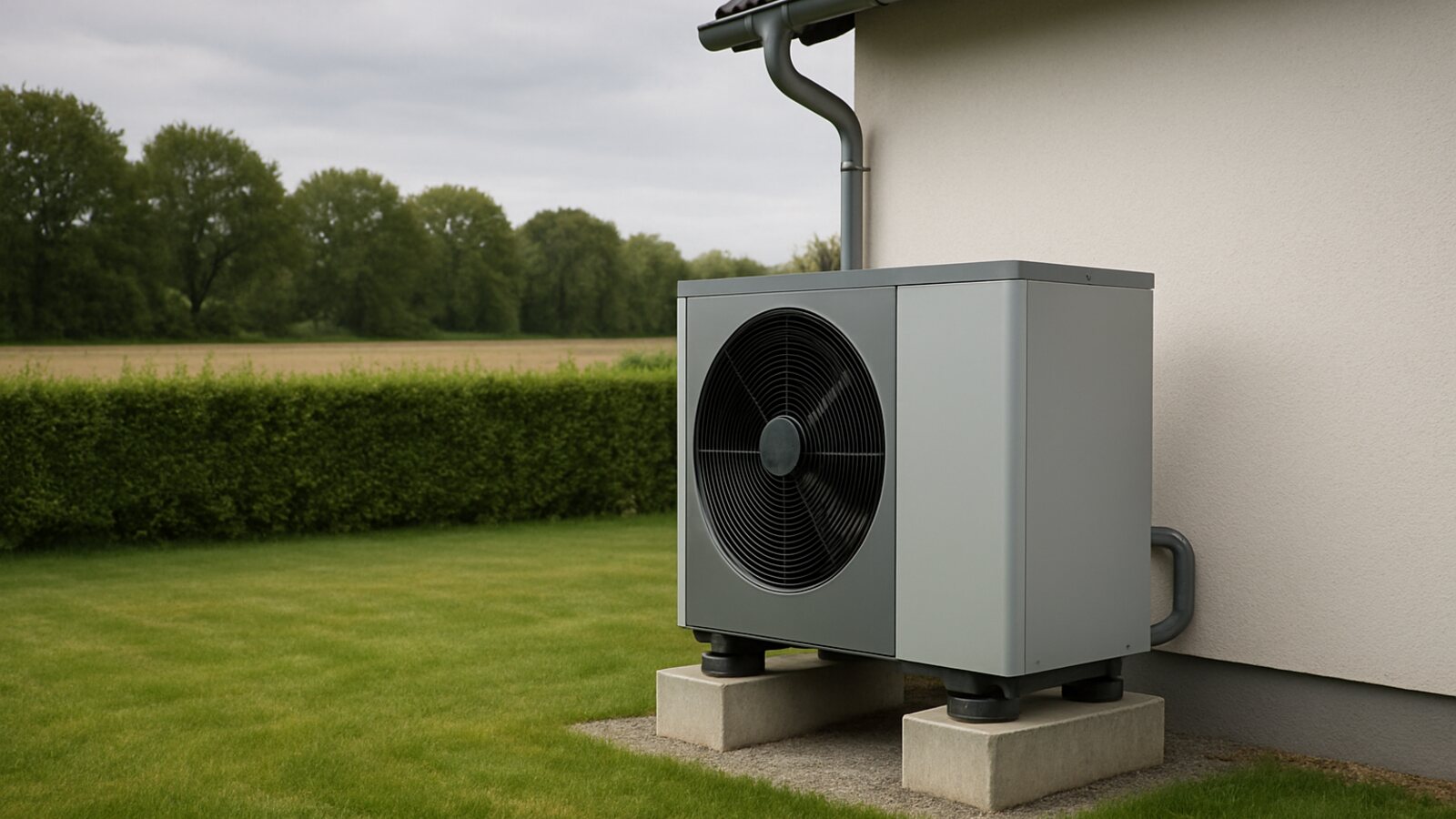 Wärmepumpe Bottrop: frei im Garten aufgestellte Außeneinheit an einem freistehenden Haus am ländlichen Stadtrand