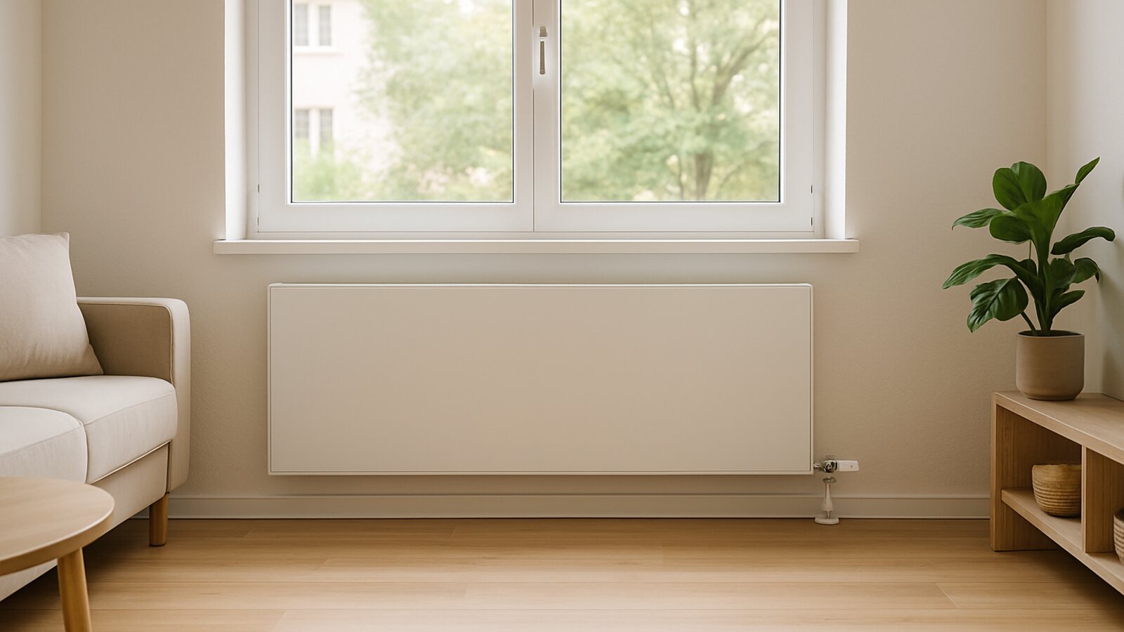 Wärmepumpe Bottrop: breiter Niedertemperatur-Flachheizkörper mit glatter Front unter dem Fenster in einem sanierten Wohnzimmer
