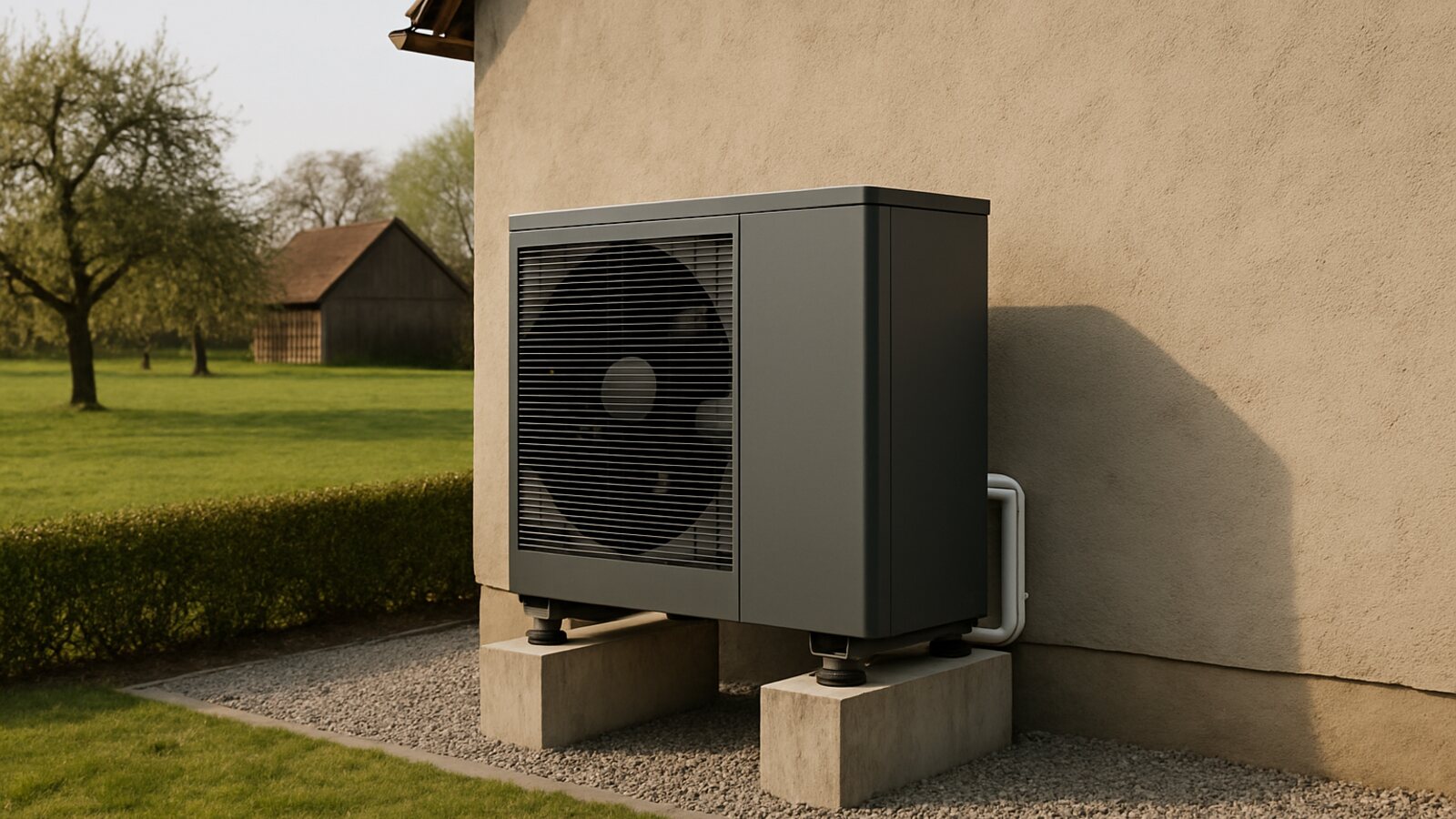 Wärmepumpe Burscheid: Außeneinheit auf Betonsockeln an einem älteren Wohnhaus mit großem ländlichem Grundstück