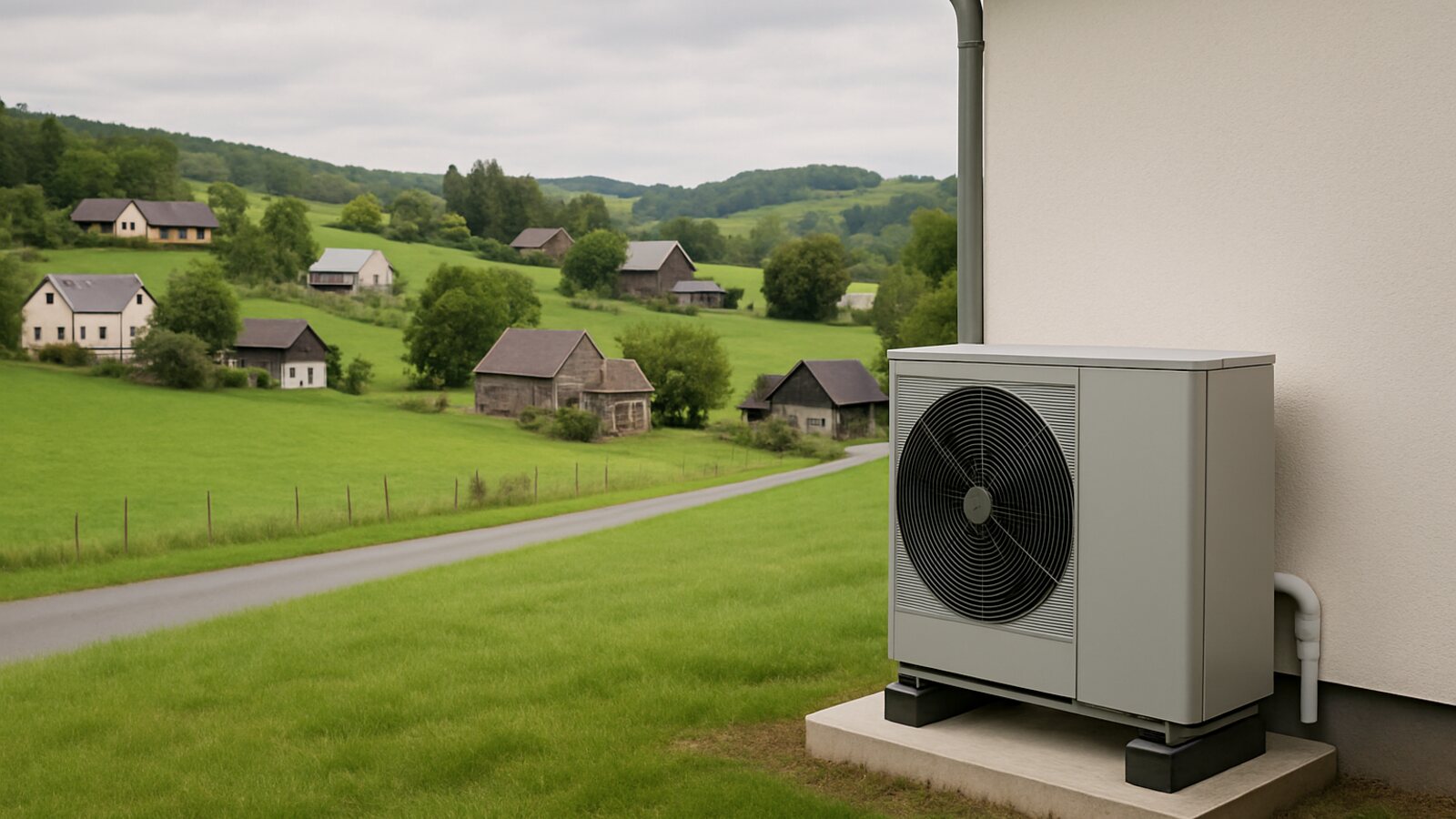 Wärmepumpe Burscheid: bergische Streusiedlung mit verteilten Höfen und Wohnhäusern zwischen Weiden