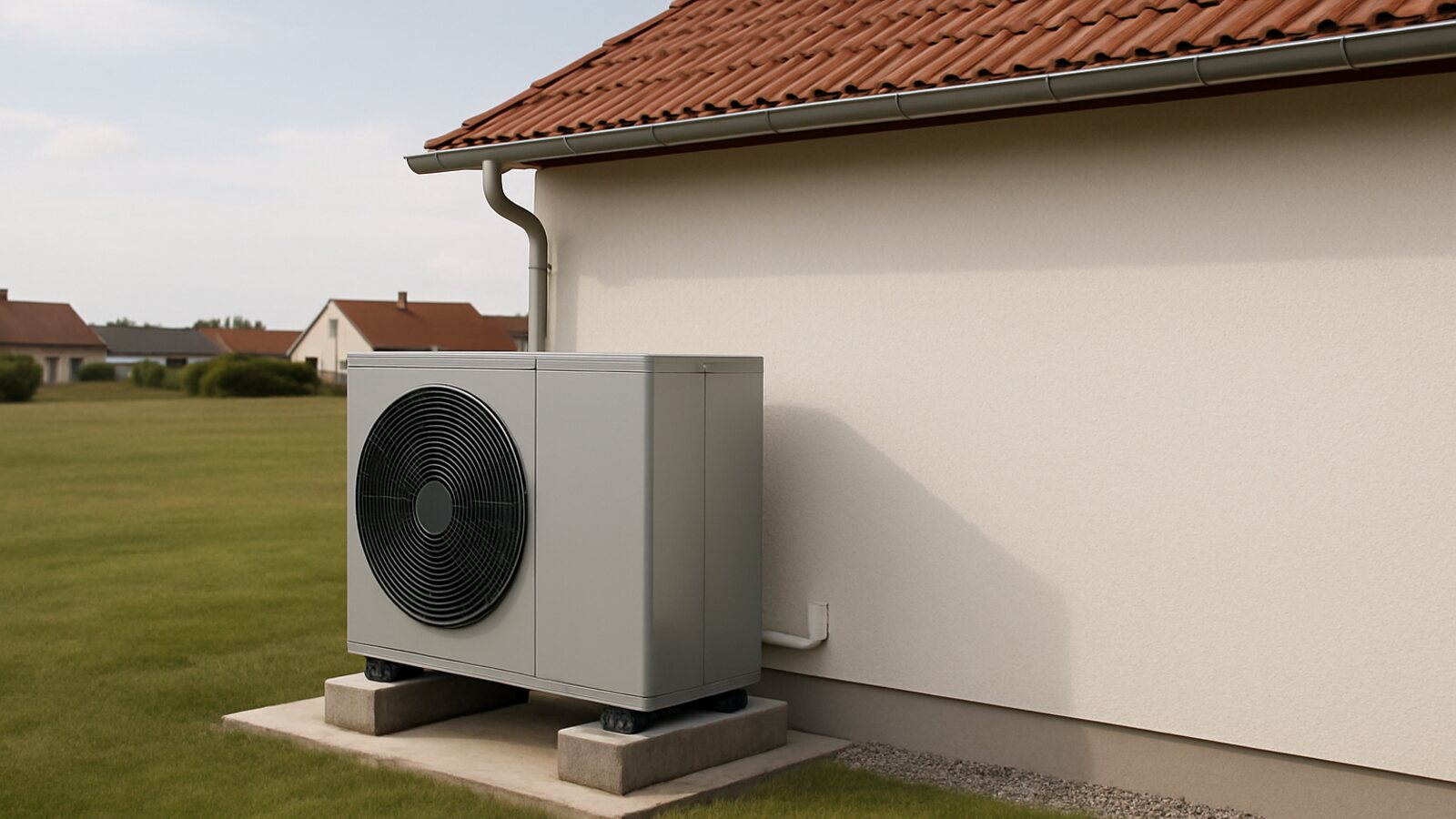 Wärmepumpe Dorsten: Monoblock-Außeneinheit auf Betonsockel mit Abstand zur Hauswand eines Einfamilienhauses in flacher Lage