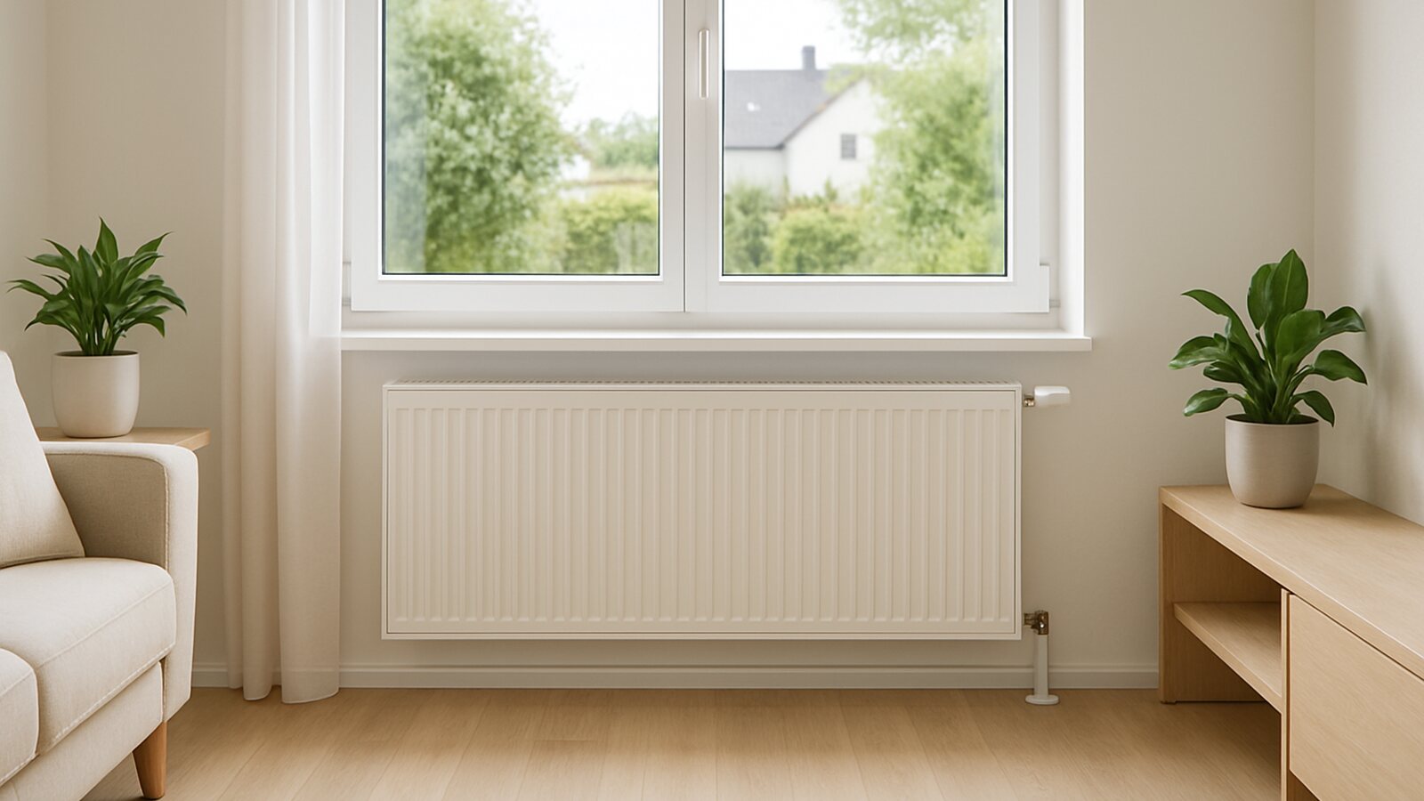Wärmepumpe Dorsten: breiter Niedertemperatur-Flachheizkörper unter dem Fenster in einem Einfamilienhaus