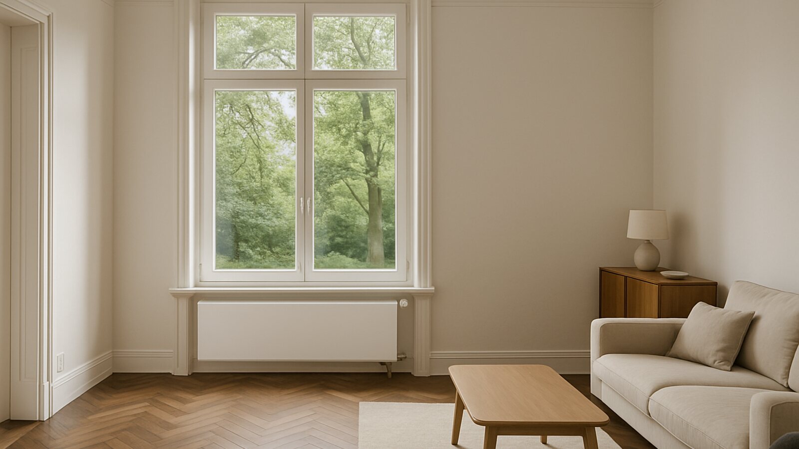 Wärmepumpe Essen: breiter Niedertemperatur-Flachheizkörper unter einem bodentiefen Fenster in einer Altbau-Villa im grünen Süden