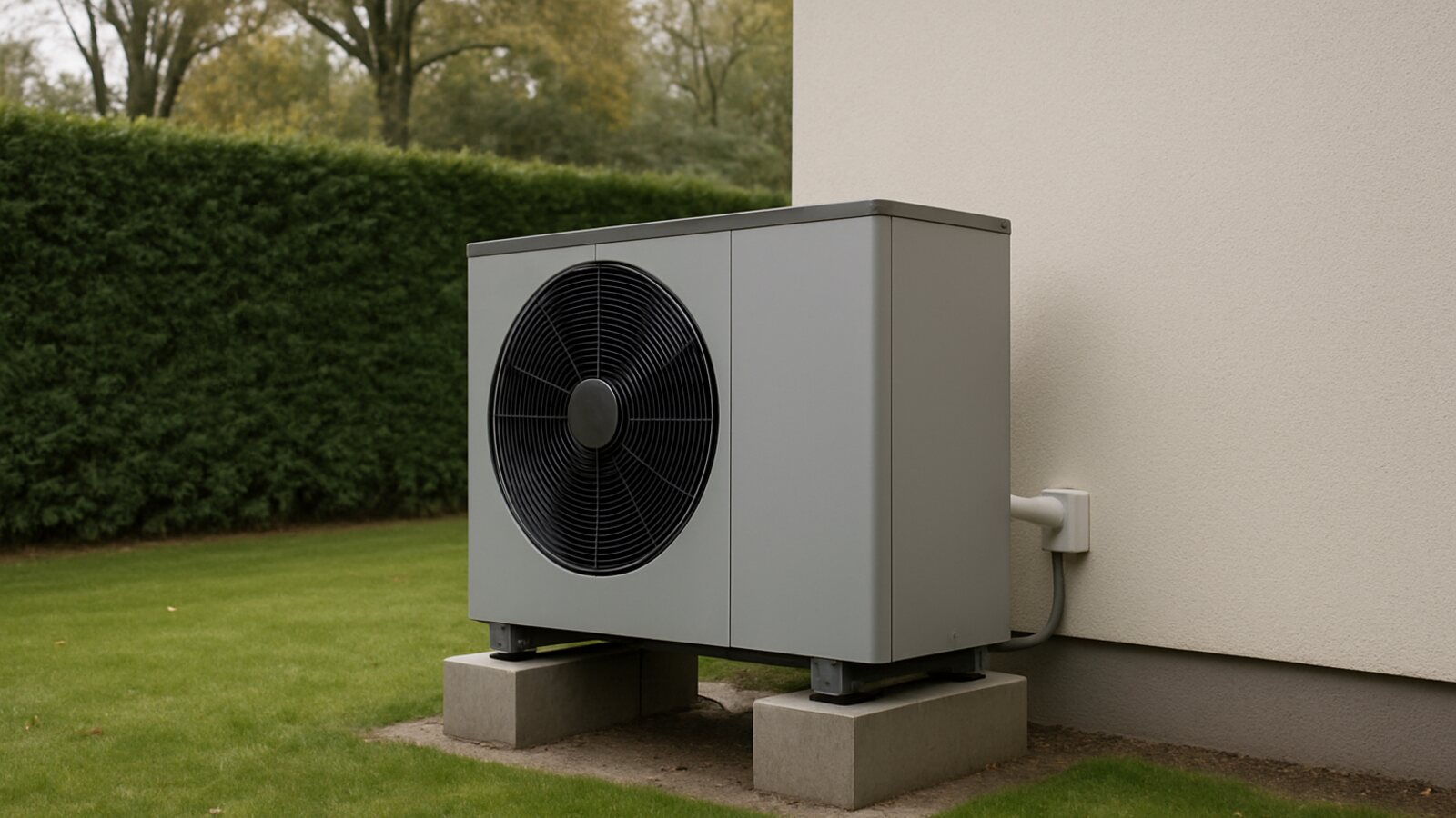 Wärmepumpe Essen: frei im Garten aufgestellte Außeneinheit an einem freistehenden Haus im grünen Süden