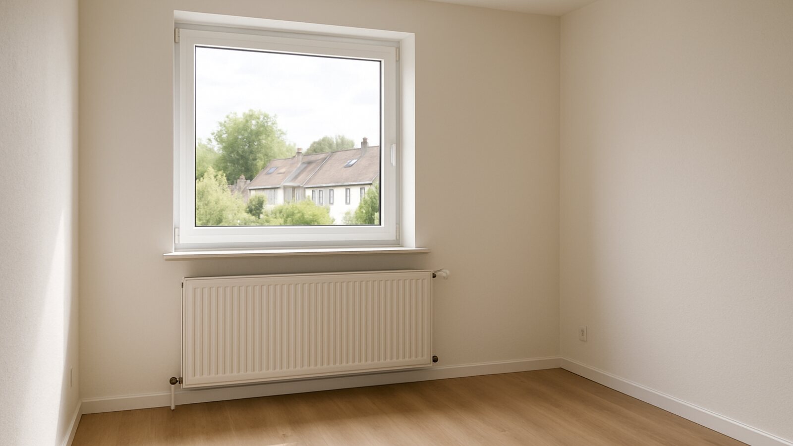 Wärmepumpe Gelsenkirchen: breiter Niedertemperatur-Flachheizkörper unter dem Fenster in einem sanierten Reihenhaus