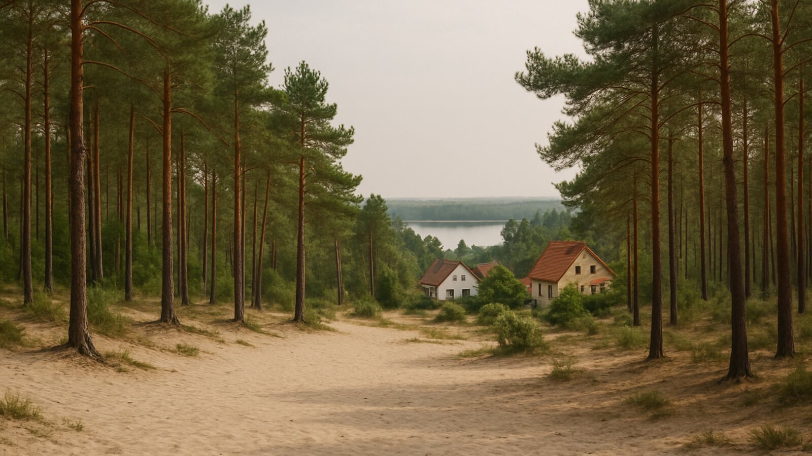 Wärmepumpe Haltern am See: ebene Kiefern- und Sandlandschaft mit Einfamilienhäusern nahe dem Stausee