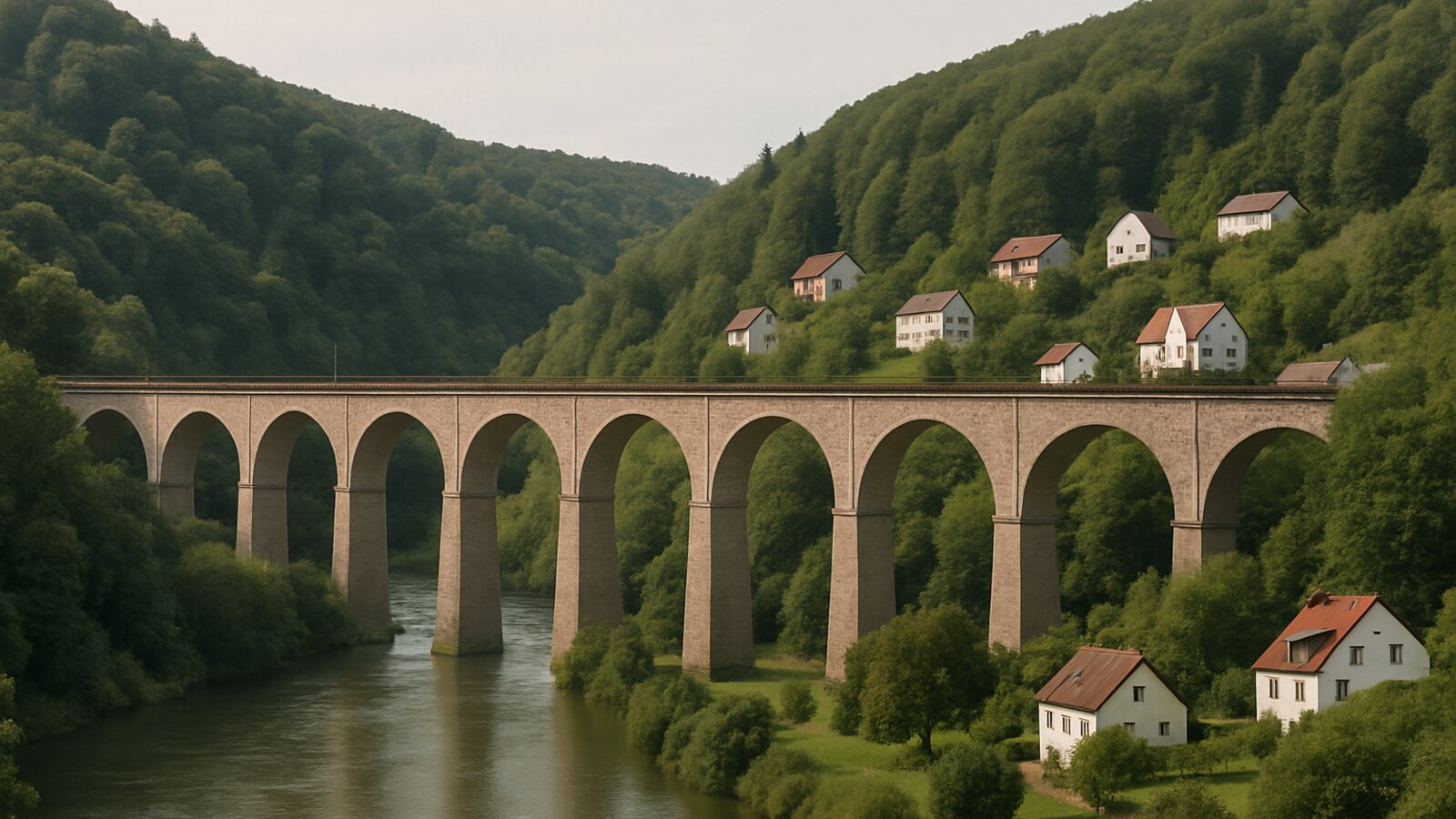 Wärmepumpe Herdecke: bewaldetes Ruhrtal mit langem steinernem Eisenbahnviadukt und Häusern am Hang