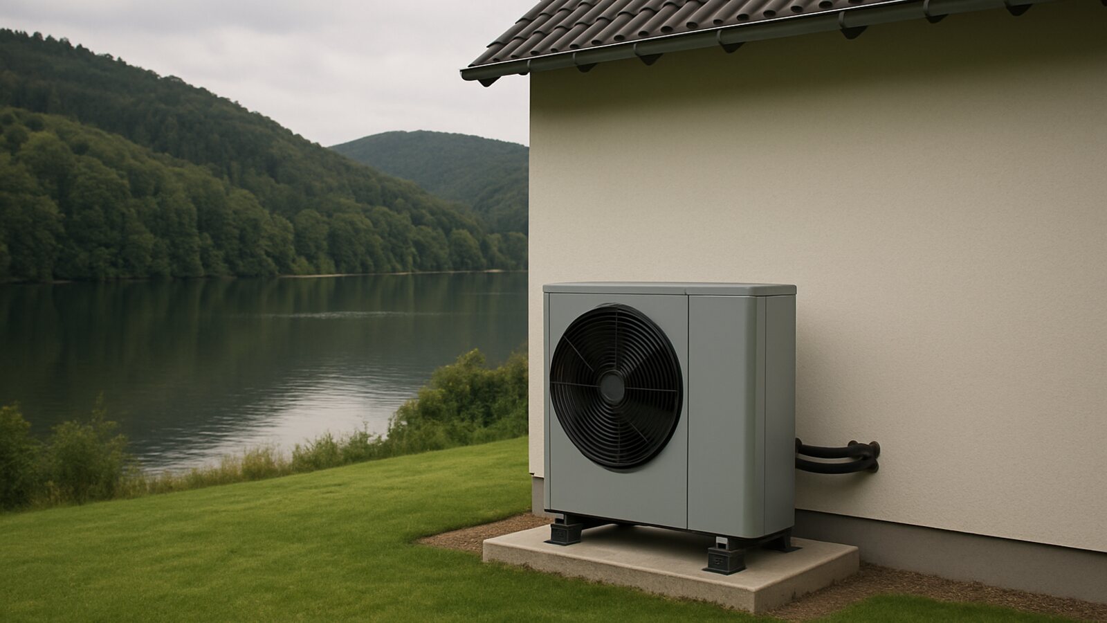 Wärmepumpe Herdecke: Monoblock-Außeneinheit auf Betonfundament an einem Haus mit Blick über den Stausee an der Ruhr