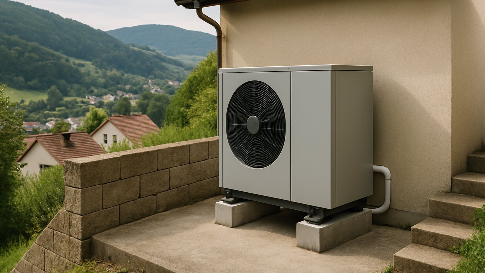Wärmepumpe Hückeswagen: Außeneinheit auf betonierter Hangterrasse mit Stützmauer an einem Haus über dem Tal