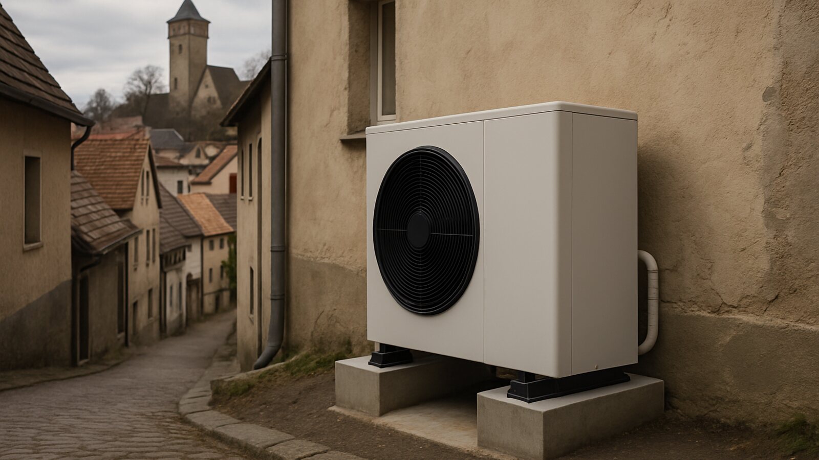 Wärmepumpe Hückeswagen: Monoblock-Außeneinheit auf Betonfundament an einem Haus unterhalb des Schlossbergs