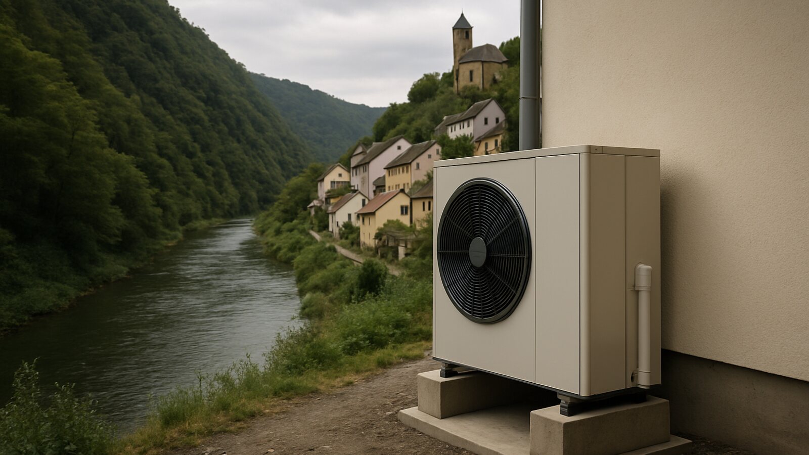 Wärmepumpe Hückeswagen: enge Tallage der Wupper mit am Hang gestaffelten Häusern unter dem Schlossberg
