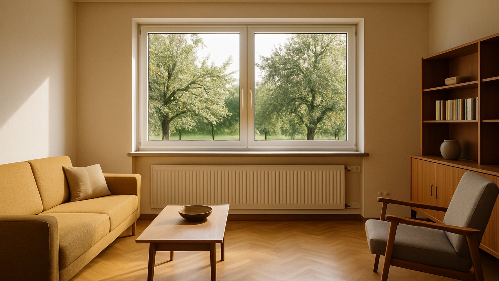 Wärmepumpe Leichlingen: breiter Niedertemperatur-Flachheizkörper unter einem Fenster mit Blick auf Obstbäume