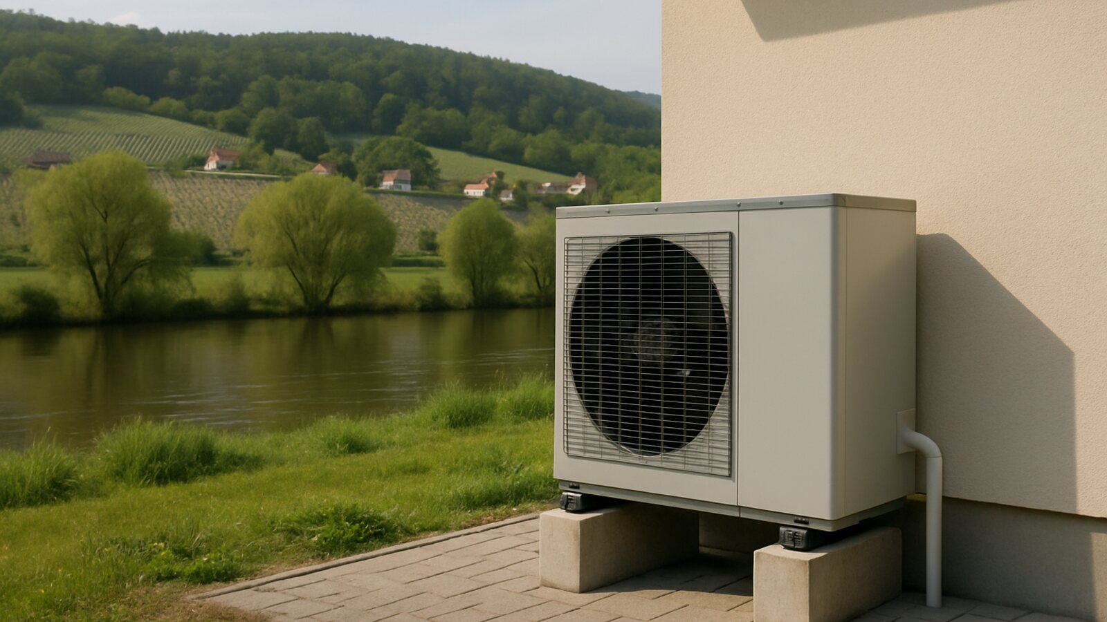 Wärmepumpe Leichlingen: Außeneinheit auf Betonsockeln am Haus über der Wupperaue mit Obsthängen und bewaldeten Höhen