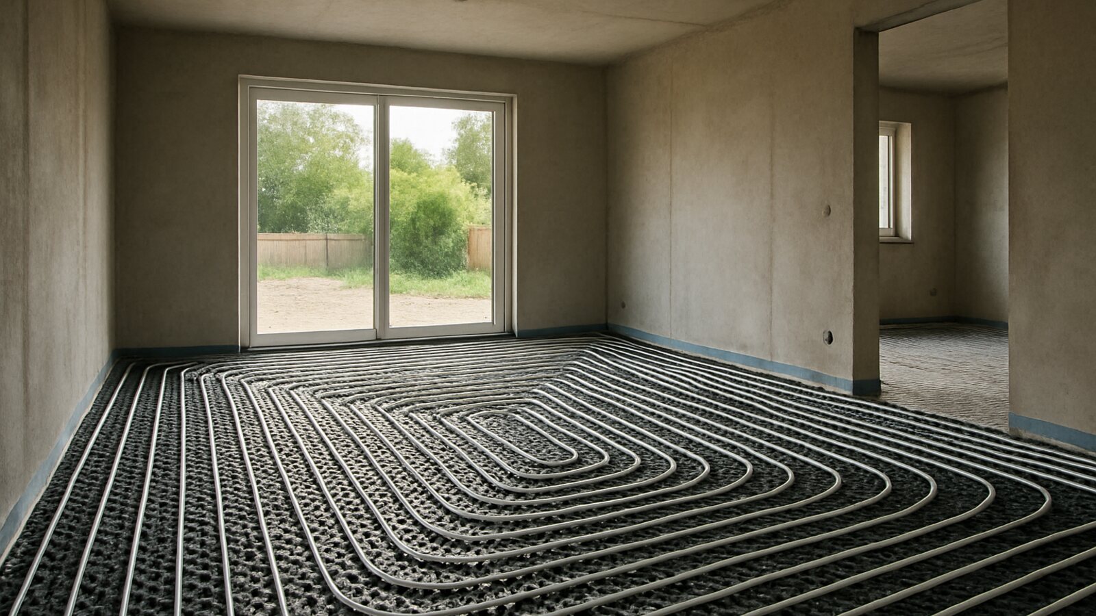 Wärmepumpe Monheim am Rhein: neu verlegte Fußbodenheizungsrohre auf Noppenplatten vor dem Estrich in einem Bungalow