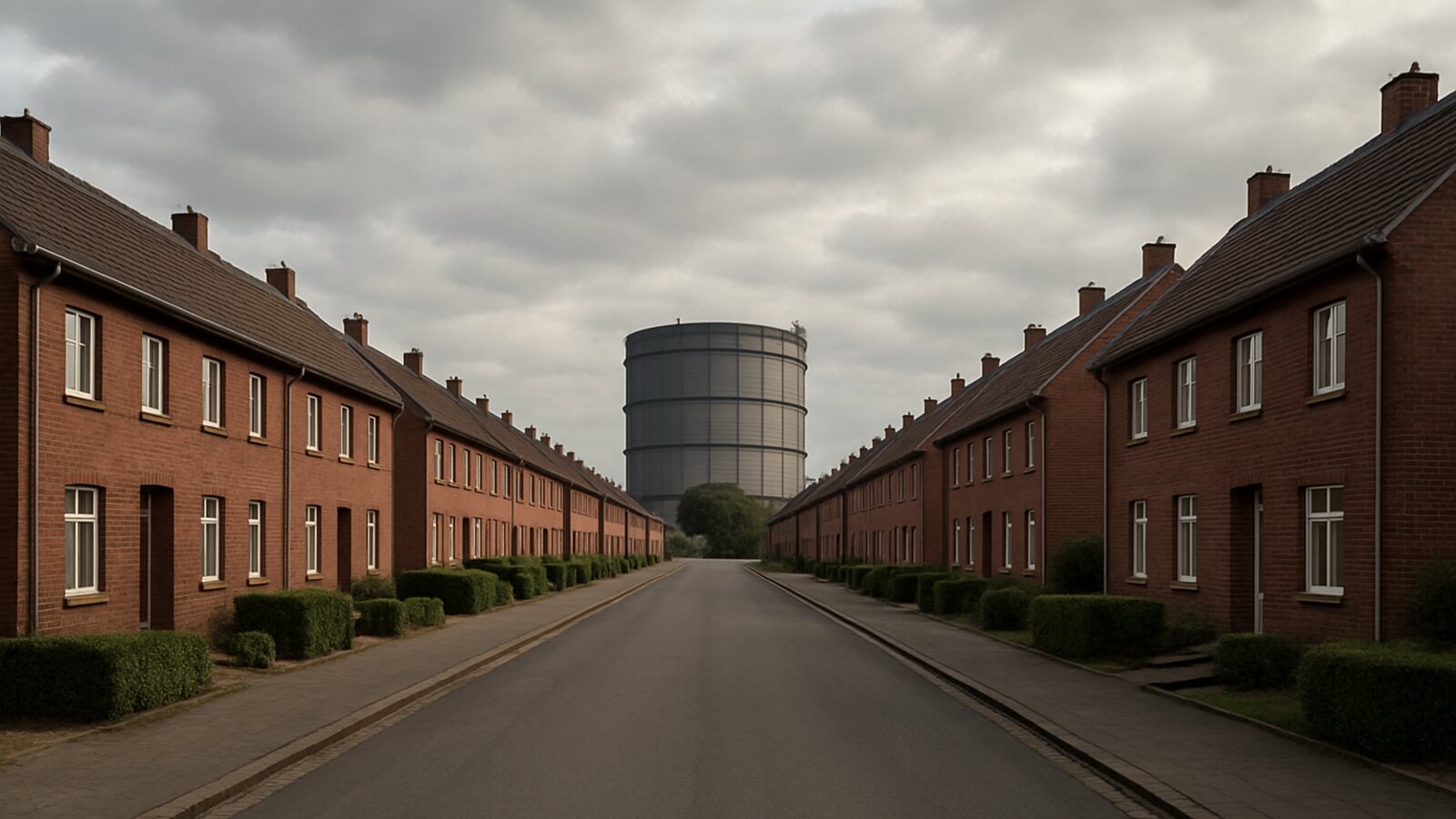 Wärmepumpe Oberhausen: ebene Backstein-Arbeitersiedlung im westlichen Ruhrgebiet vor der Silhouette eines alten Gasometers