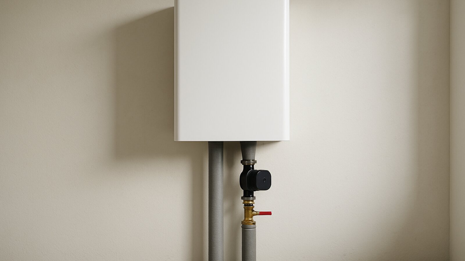 Wärmepumpe Oberhausen: kompakte Wärmepumpen-Inneneinheit mit gedämmten Rohren im Technikraum eines sanierten Siedlungshauses