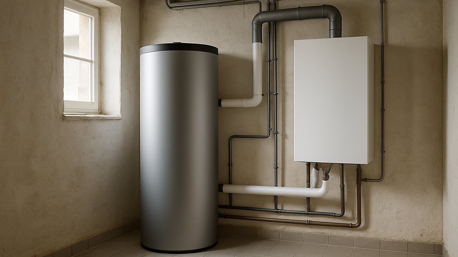 Wärmepumpe Radevormwald: Pufferspeicher und Inneneinheit mit gedämmten Rohren im Technikraum eines Altbaus