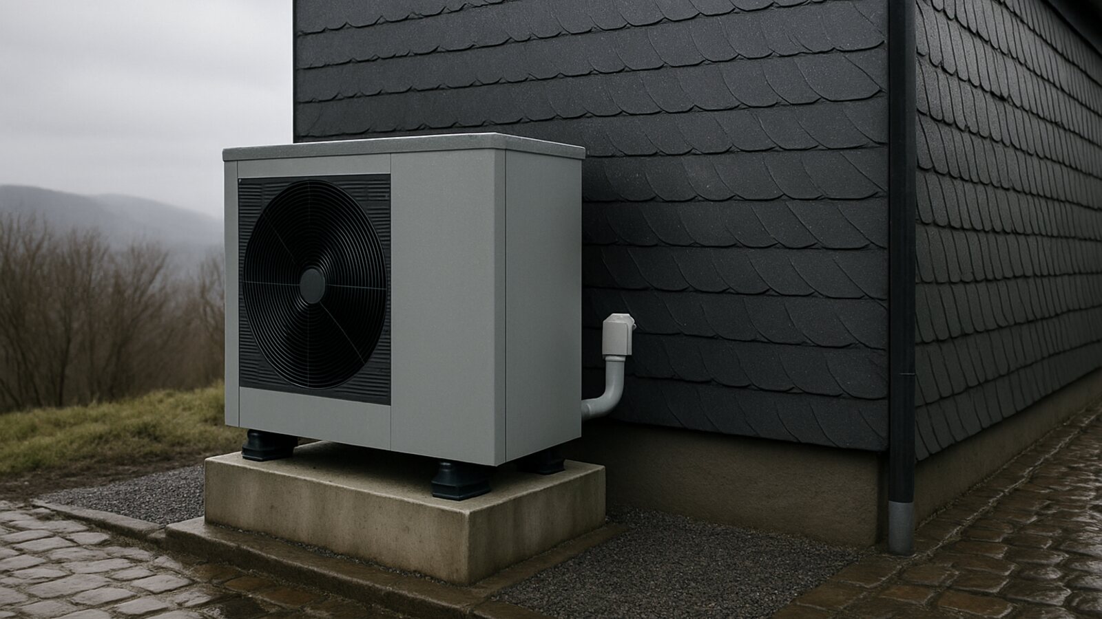 Wärmepumpe Radevormwald: Außeneinheit auf Betonsockel an der windabgewandten Traufseite eines verschieferten Hauses