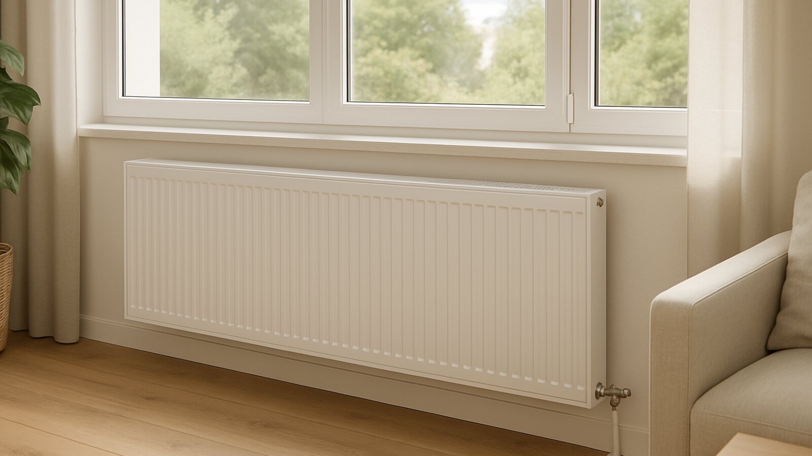 Wärmepumpe Remscheid: breiter Niedertemperatur-Doppelheizkörper unter einem Fensterband im hellen Wohnraum