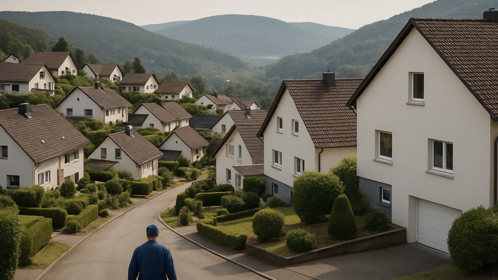 Wärmepumpe Remscheid: Einfamilienhäuser gestaffelt an einem Hang, dahinter bewaldete Höhenzüge