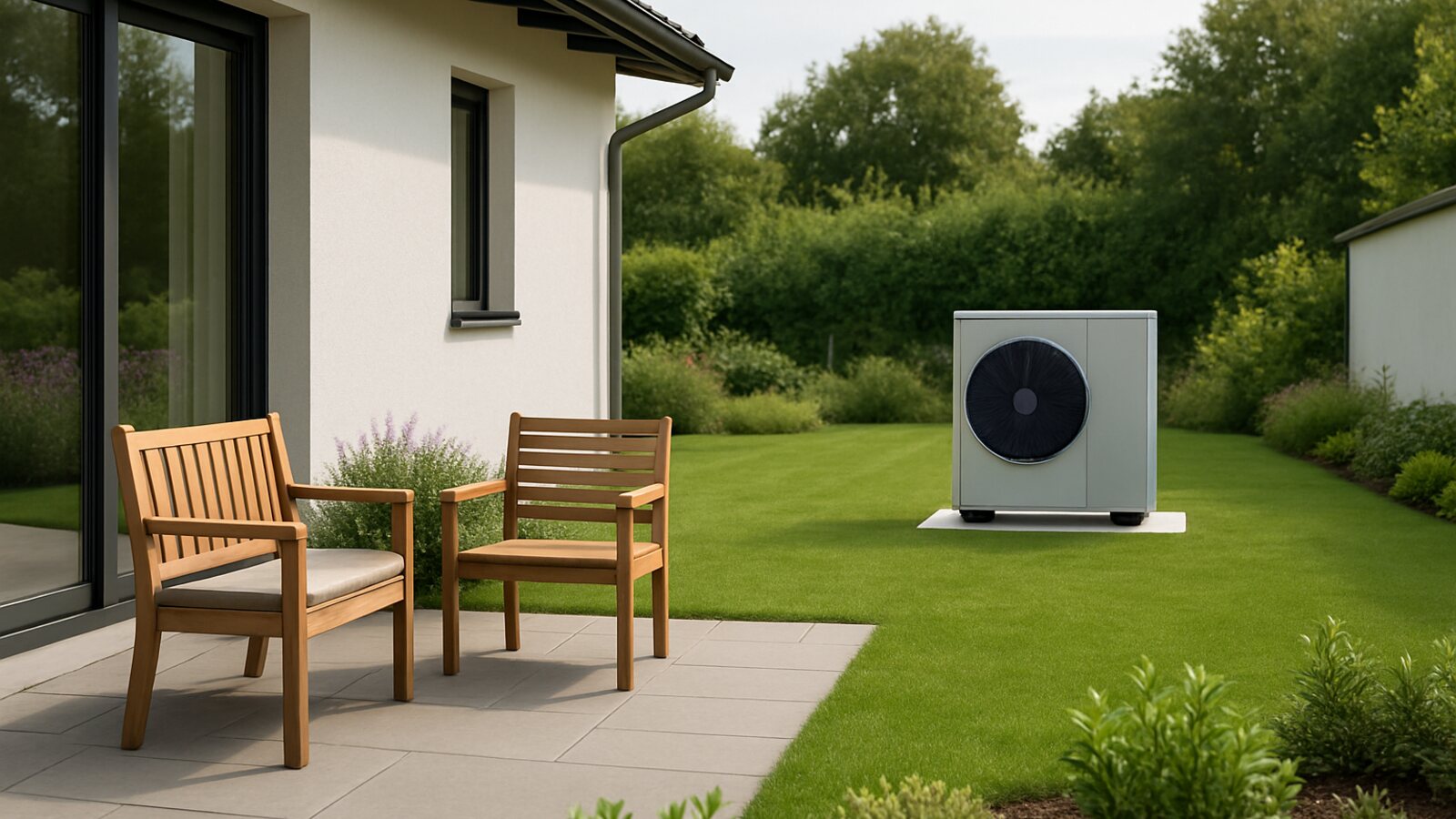 Wärmepumpe Remscheid: Monoblock-Außeneinheit im Garten am Rand einer Terrasse, mit Abstand zur Hauswand