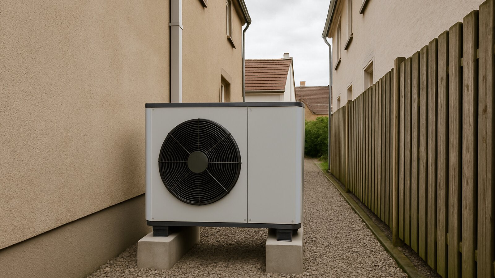 Wärmepumpe Schwelm: Außeneinheit auf Betonsockeln im schmalen Streifen zwischen eng stehenden Stadthäusern mit Abstand zum Nachbarn