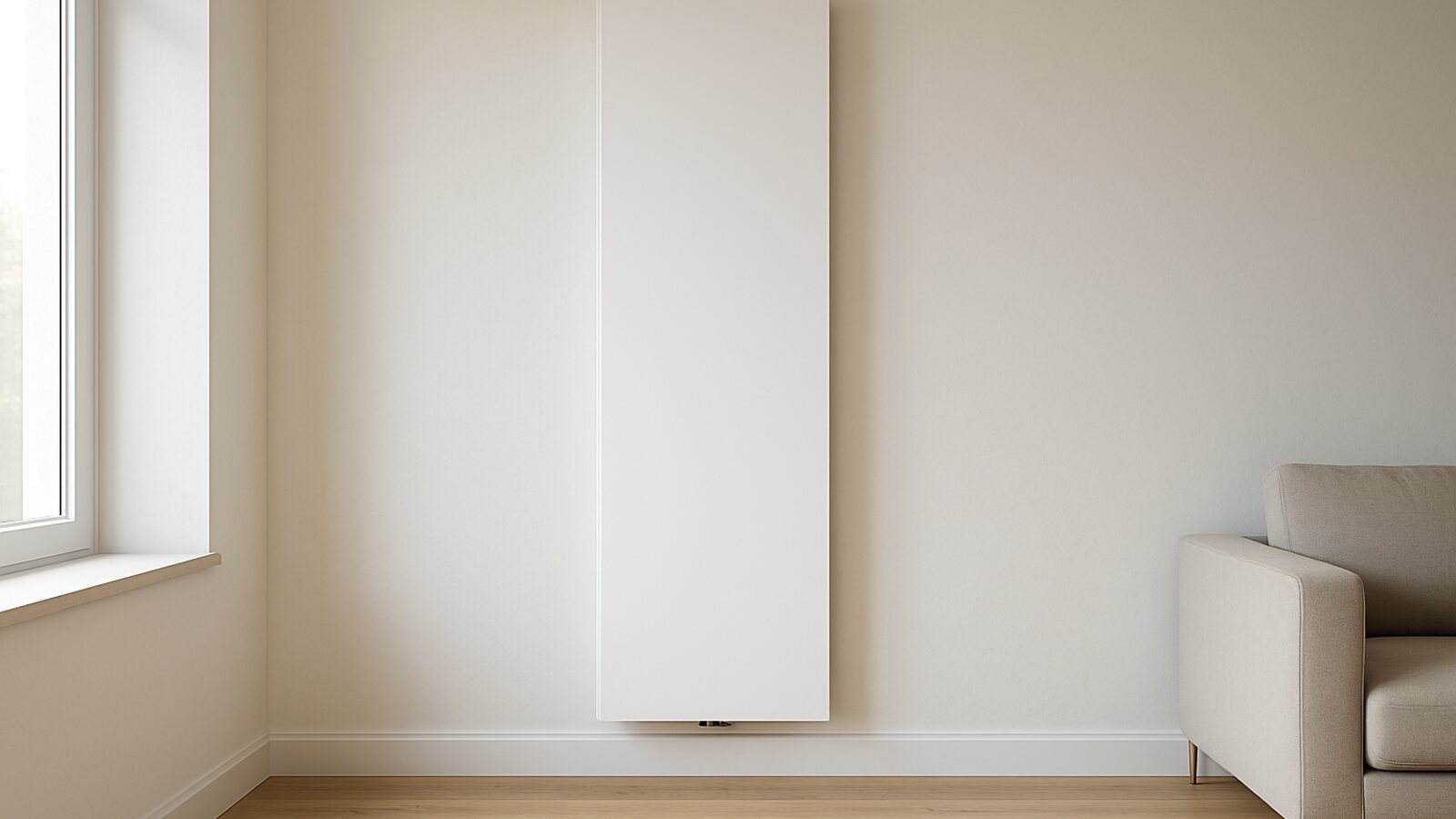 Wärmepumpe Solingen: hoher vertikaler Niedertemperatur-Designheizkörper im Wohnraum