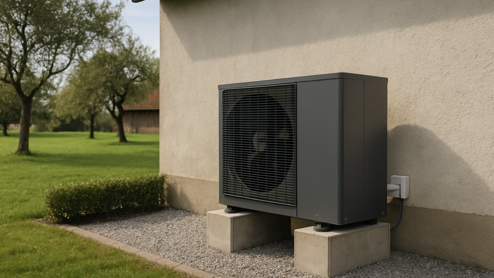 Wärmepumpe Sprockhövel: Außeneinheit auf Betonsockeln an einem älteren Wohnhaus mit großem ländlichem Grundstück