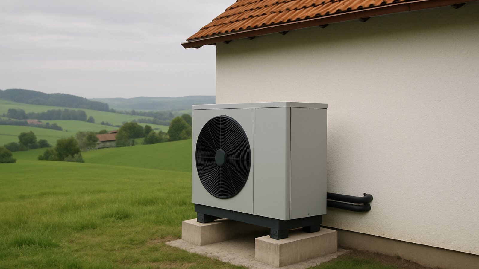 Wärmepumpe Sprockhövel: Monoblock-Außeneinheit auf Betonfundament an einem Wohnhaus im grünen Hügelland