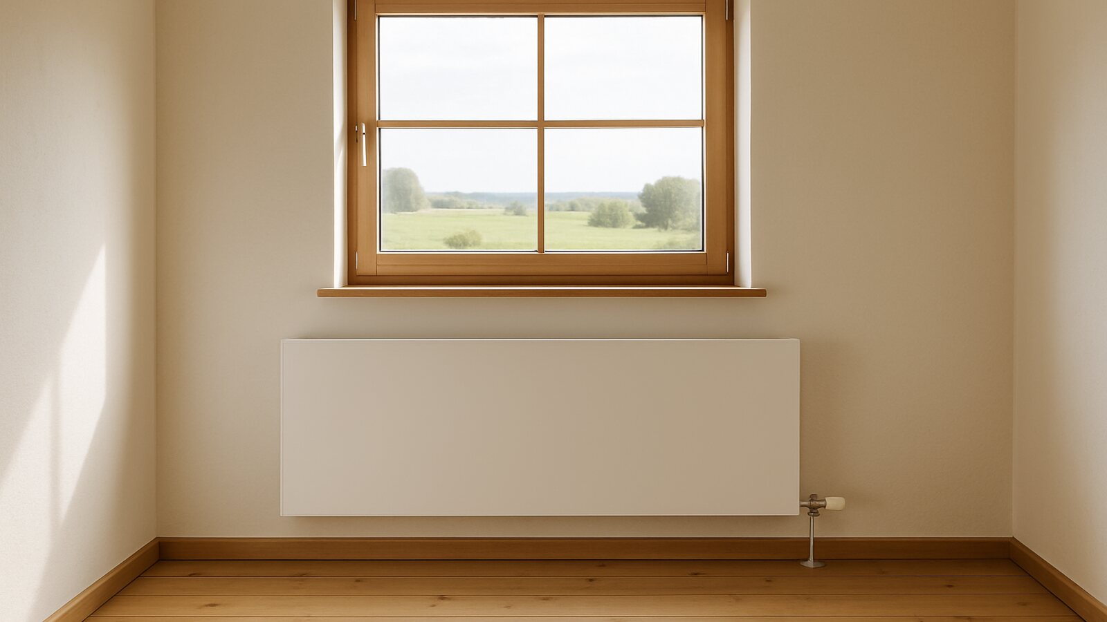 Wärmepumpe Sprockhövel: breiter Niedertemperatur-Flachheizkörper unter dem Fenster in einem ländlichen Wohnraum mit Holzdielen