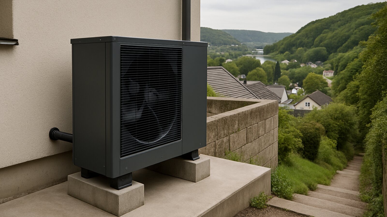 Wärmepumpe Wetter (Ruhr): Außeneinheit auf betonierter Hangterrasse mit Stützmauer an einem Haus über dem Ruhrtal