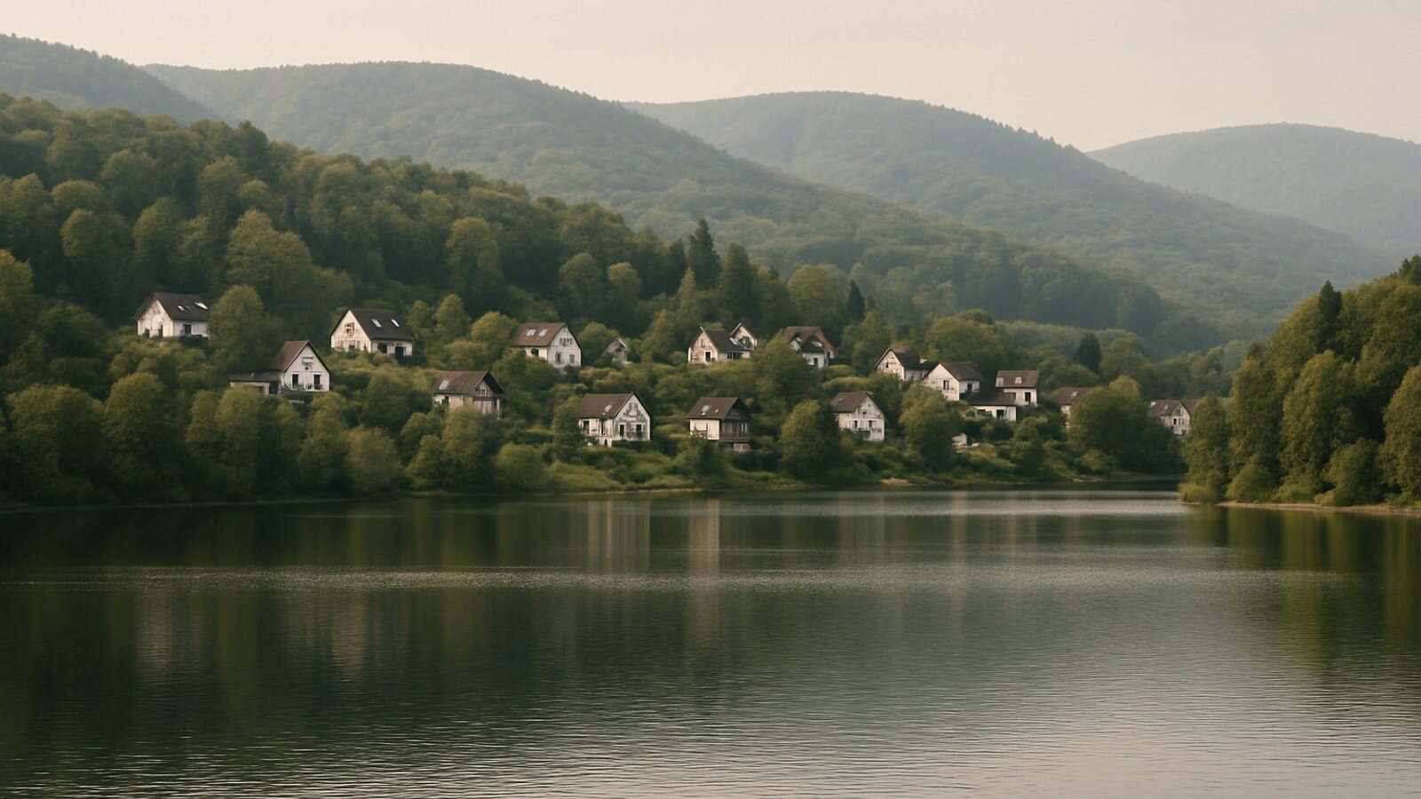 Wärmepumpe Wetter (Ruhr): Stausee an der Ruhr mit bewaldetem Hang und verstreuten Häusern des Ardeygebirges