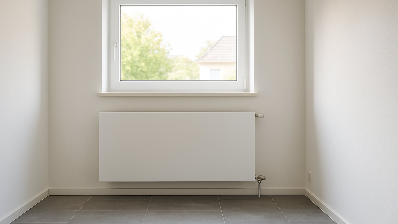 Wärmepumpe Wetter (Ruhr): breiter Niedertemperatur-Flachheizkörper unter dem Fenster in einem renovierten Wohnraum mit Fliesenboden