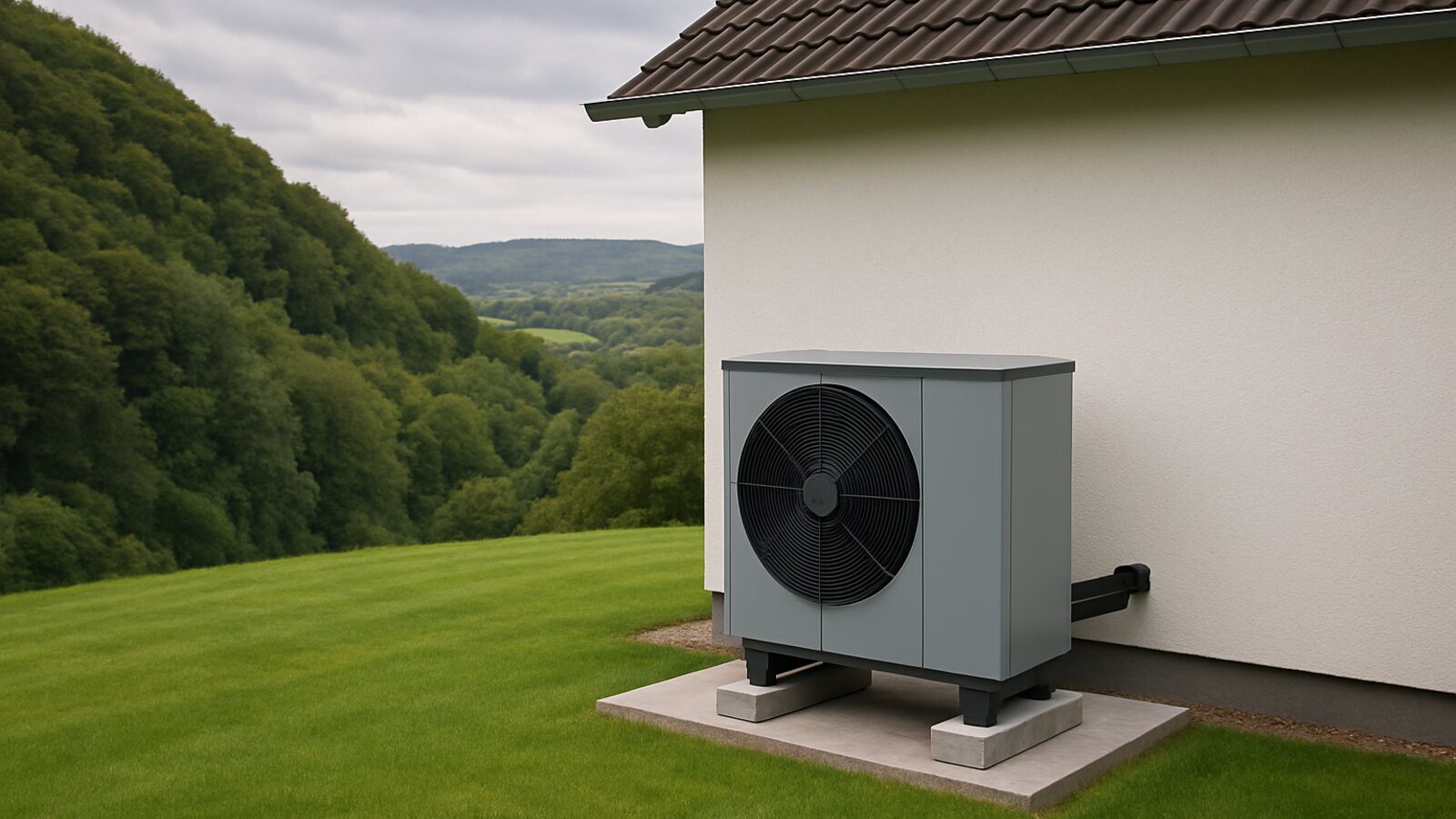 Wärmepumpe Wetter (Ruhr): Monoblock-Außeneinheit auf Betonfundament an einem Haus am bewaldeten Ruhrhang