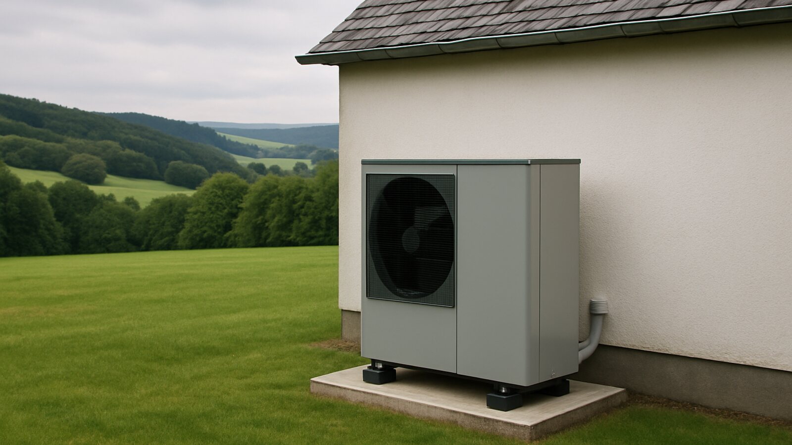 Wärmepumpe Wipperfürth: Monoblock-Außeneinheit auf Betonfundament an einem Wohnhaus mit Schieferdach in bergischer Höhenlage