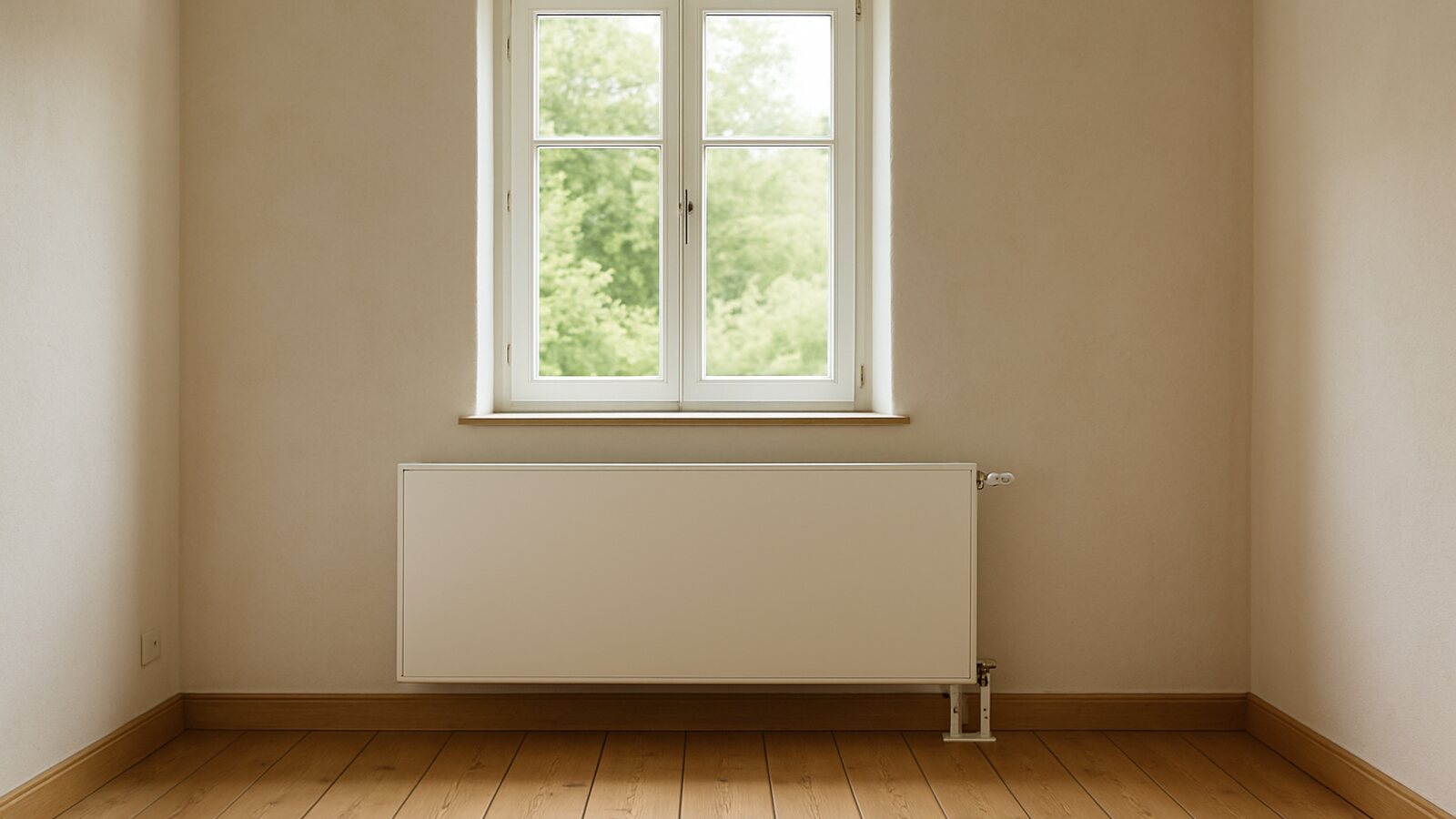 Wärmepumpe Wipperfürth: breiter Niedertemperatur-Heizkörper unter einem Fenster im Wohnzimmer eines bergischen Hofhauses