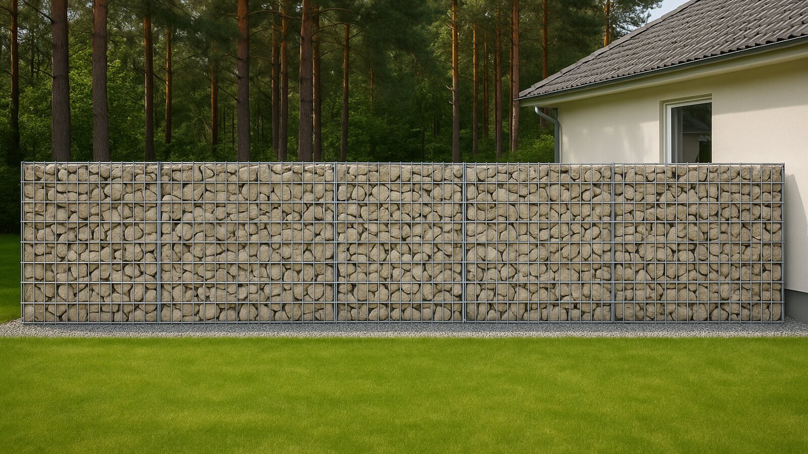 Gerade Gabionenwand aus verzinkten Drahtkörben mit Natursteinfüllung an der Grenze eines Einfamilienhausgartens vor hohen Kiefern