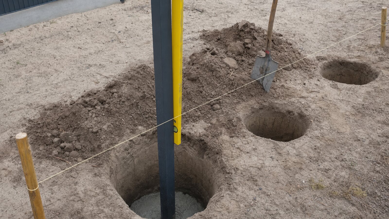Zaunbau-Baustelle mit Pfosten lotrecht im Beton unter Geländeniveau, Richtschnur zwischen Holzpflöcken, Wasserwaage und Spaten