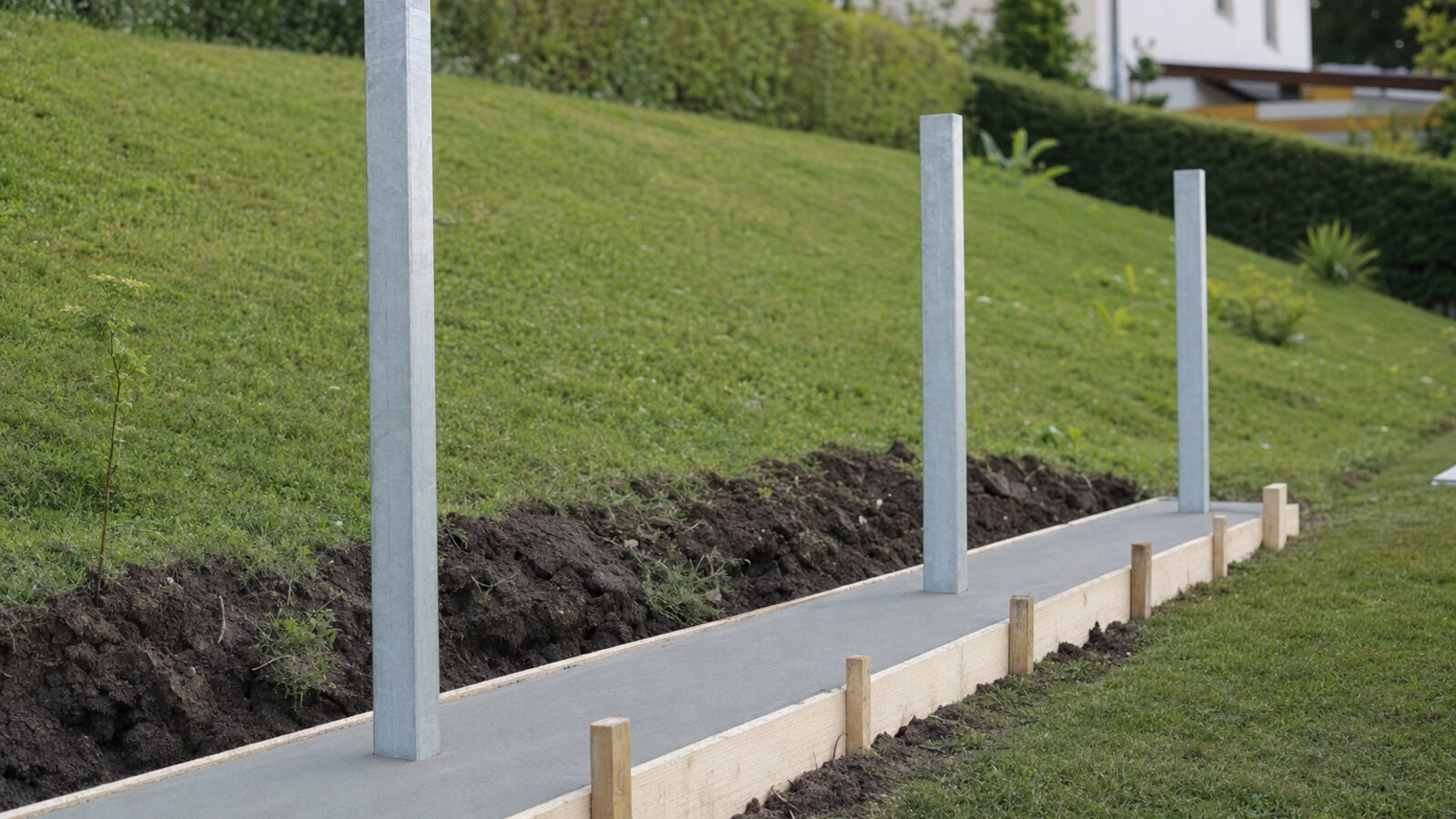 Zaunbau Heiligenhaus: fertig betoniertes, glatt abgezogenes Streifenfundament am Hang mit senkrecht im Beton eingelassenen verzinkten Zaunpfosten