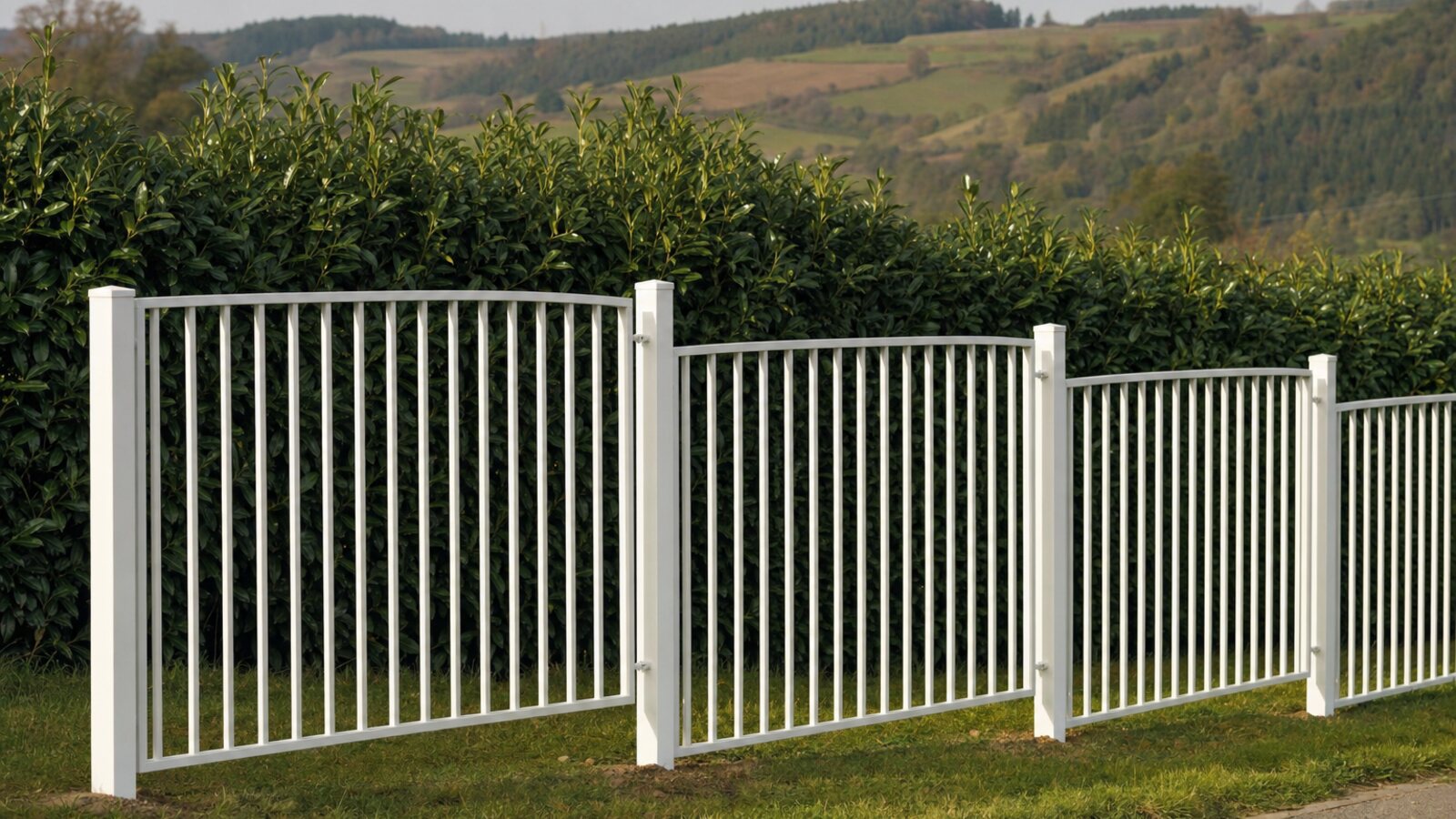 Zaunbau Heiligenhaus: weißer Ziergartenzaun aus senkrechten Stahl-Flachstäben zwischen Metallpfosten vor einer Hecke am Hang