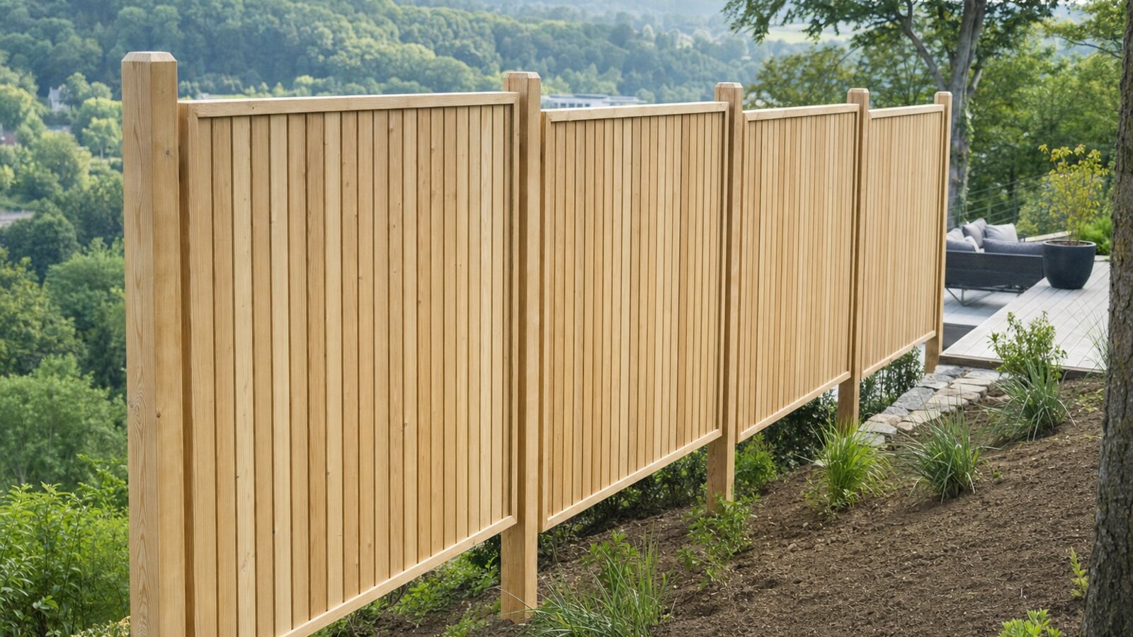Zaunbau Herdecke: senkrechter Lärchen-Rhombuszaun im Rahmen als Sichtschutz an einer Hangterrasse überm Ruhrtal