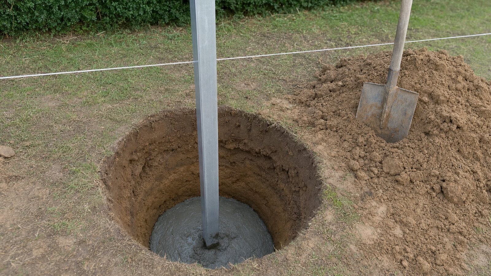 Zaunbau Herdecke: tiefes offenes Pfostenloch mit Beton unter Geländeniveau, lotrechter Pfosten und gespannter Richtschnur