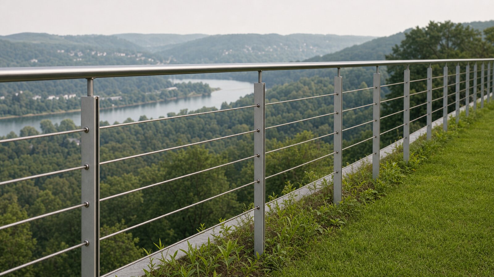 Zaunbau in Herdecke: Edelstahl-Seilzaun mit schlanken Pfosten an der Hangkante mit weitem Blick ins Ruhrtal