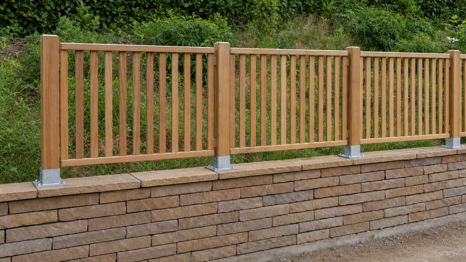 Zaunbau Herdecke: schlichter Holzlattenzaun auf einer Ruhrsandstein-Trockenmauer als Gartengrenze am Hanggrundstück