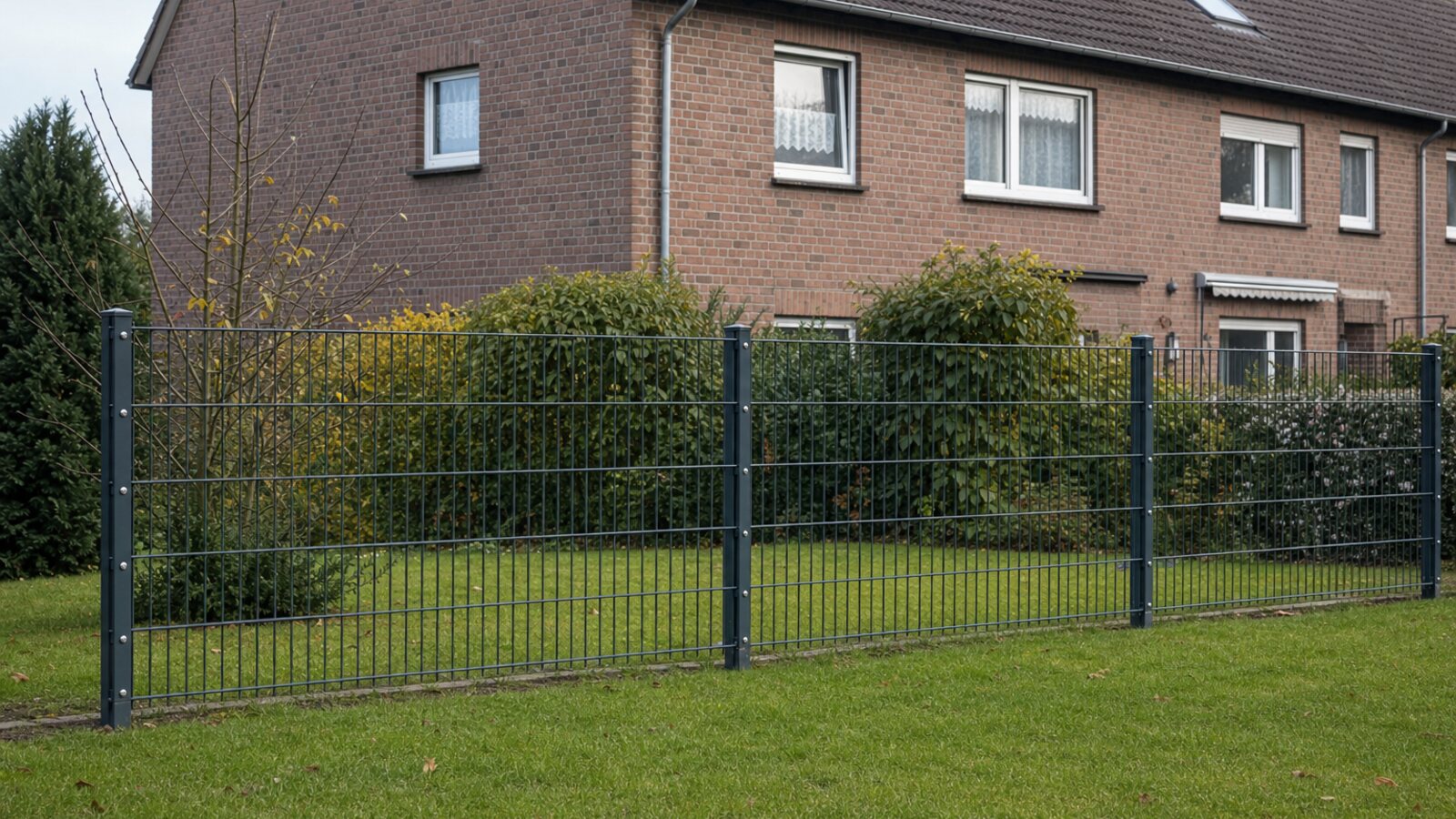 Zaunbau in Herne: gerader anthrazitfarbener Doppelstabmattenzaun an der ebenen Grenze eines Reihenhausgartens in einer Zechensiedlung