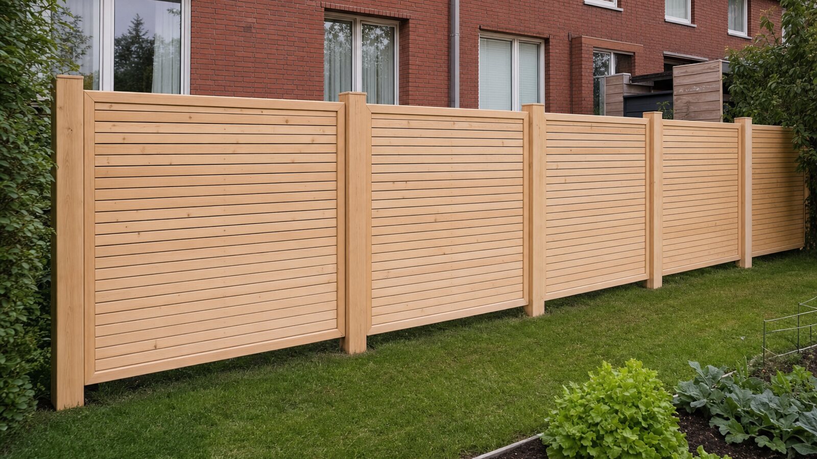 Zaunbau Herne: Holz-Sichtschutzzaun aus Lärchenlamellen zwischen zwei eng stehenden, ebenen Reihenhausgärten einer Siedlung