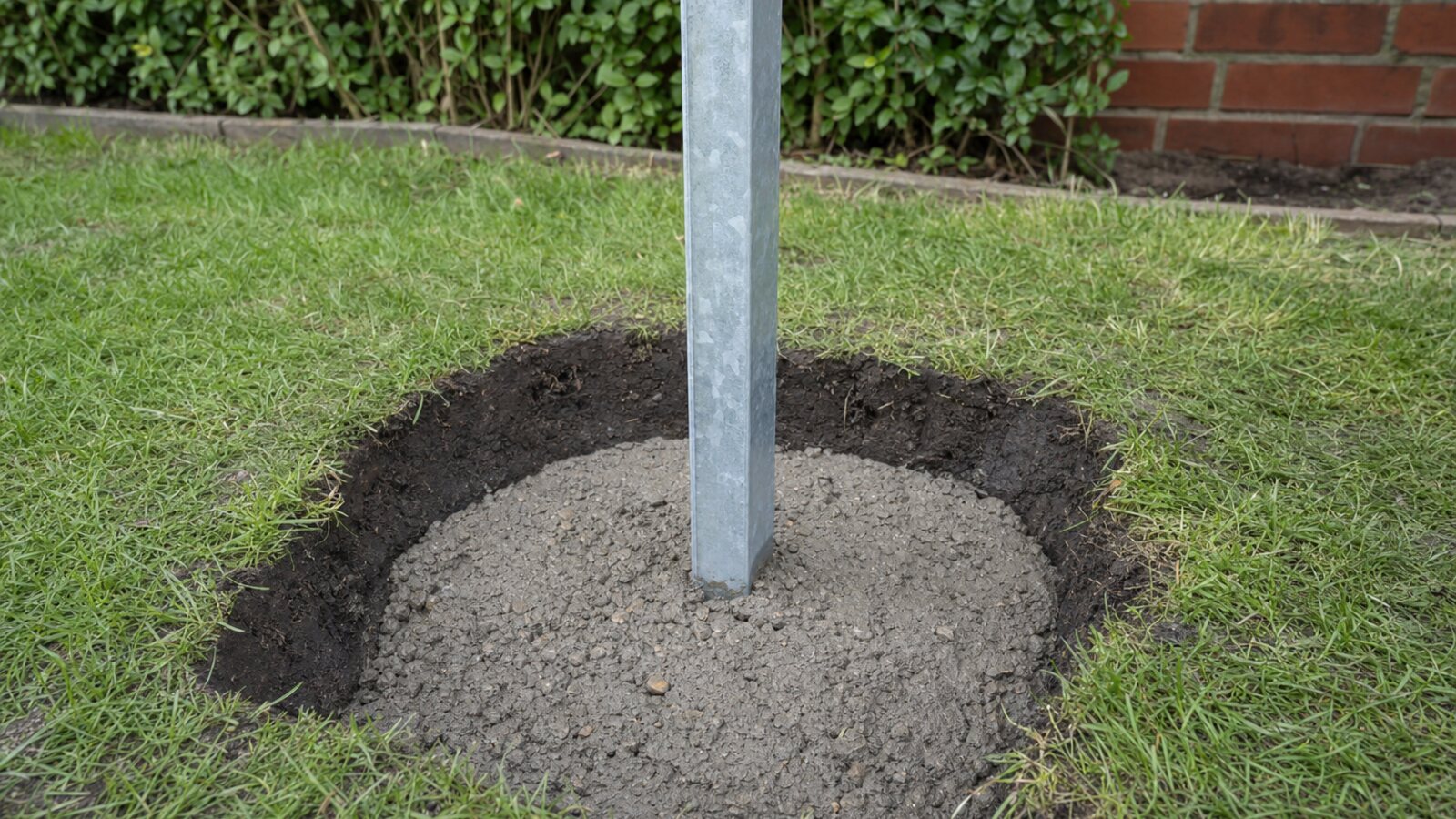 Zaunbau Herne: tiefes offenes Pfostenloch mit Beton unter Geländeniveau und lotrecht einbetoniertem Metallpfosten im Garten