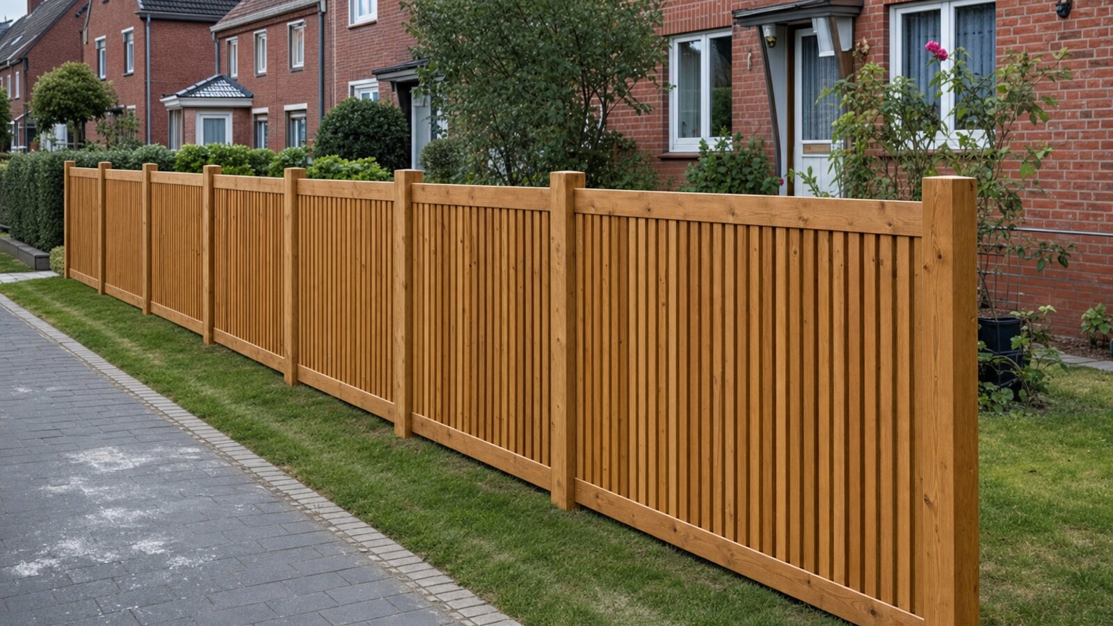 Zaunbau Herten: senkrechter Naturholz-Lattenzaun zwischen Holzpfosten am Siedlungsgarten einer Ruhrgebiet-Zechensiedlung