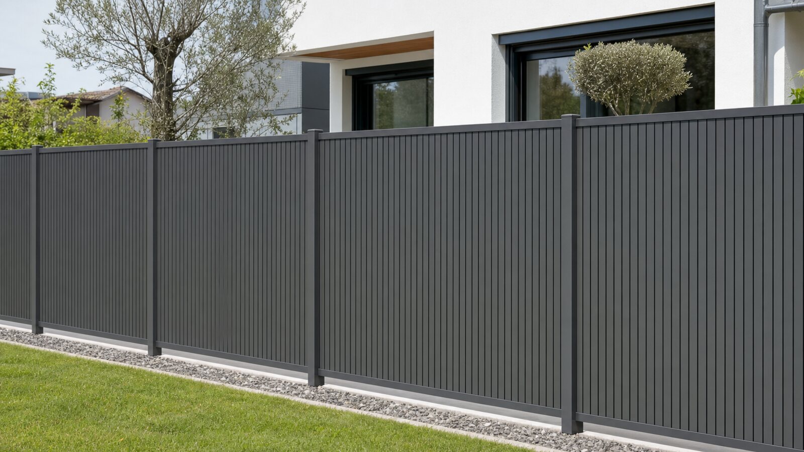 Zaunbau in Hilden: moderner Sichtschutzzaun aus anthrazitfarbenen senkrechten Aluminium-Lamellen zwischen Pfosten vor einem Einfamilienhaus