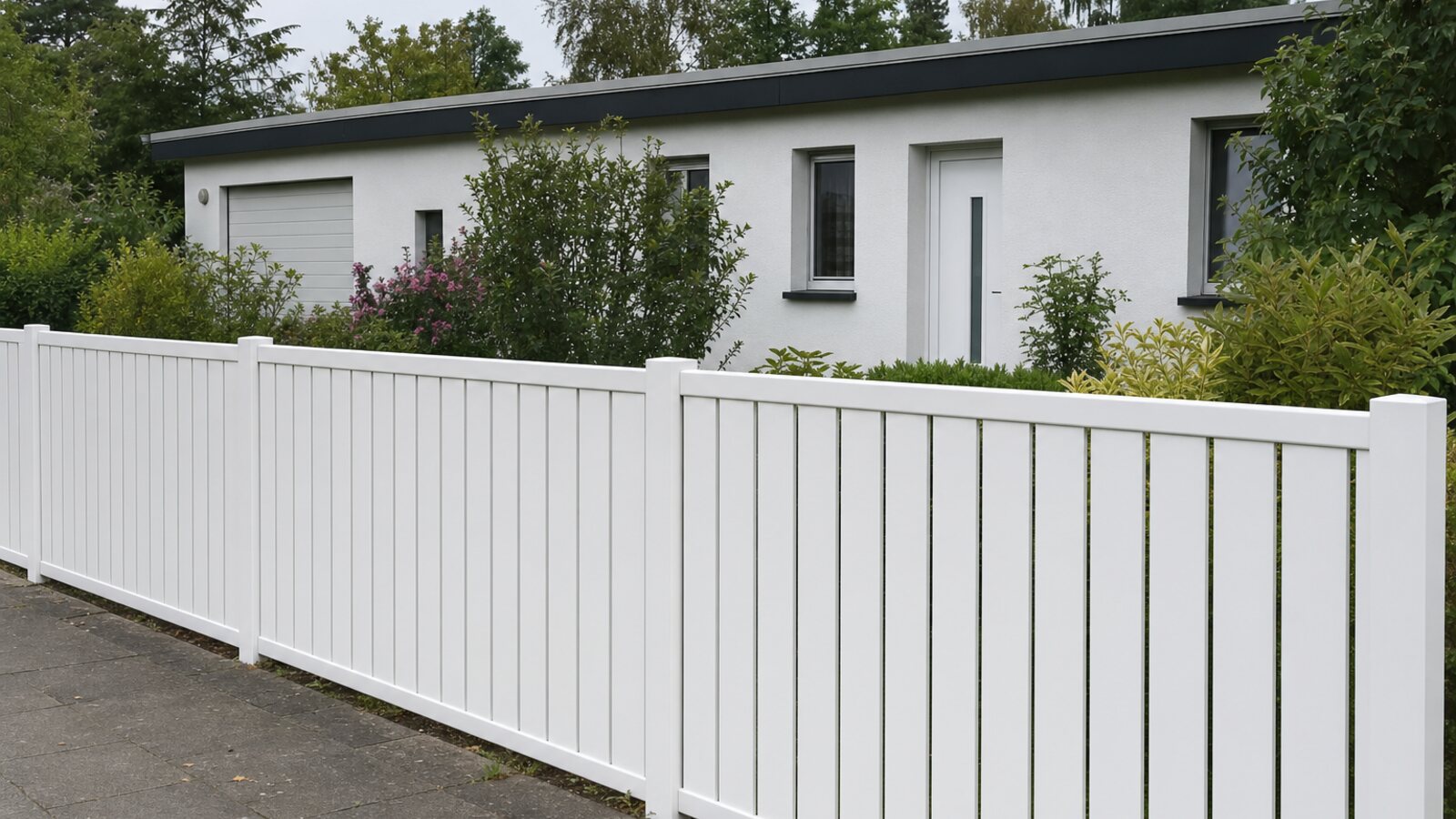 Zaunbau Hilden: niedriger weißer Kunststoffzaun aus PVC-Latten vor einem flachen Bungalow auf sandigem Baugrund